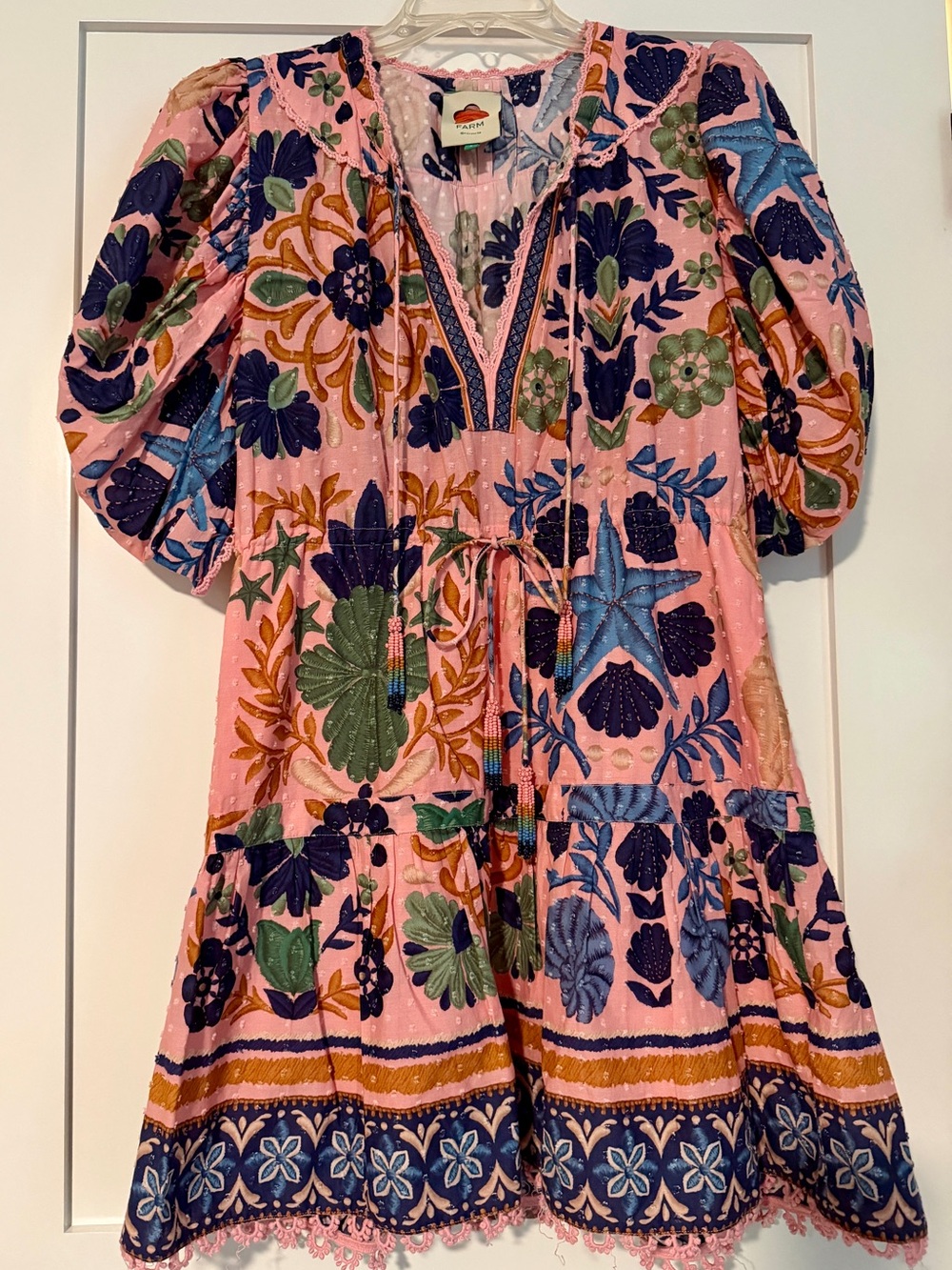 FARM Rio Seashell Tapestry Pink Puff Sleeve Cotton Mini Dress - Size Small